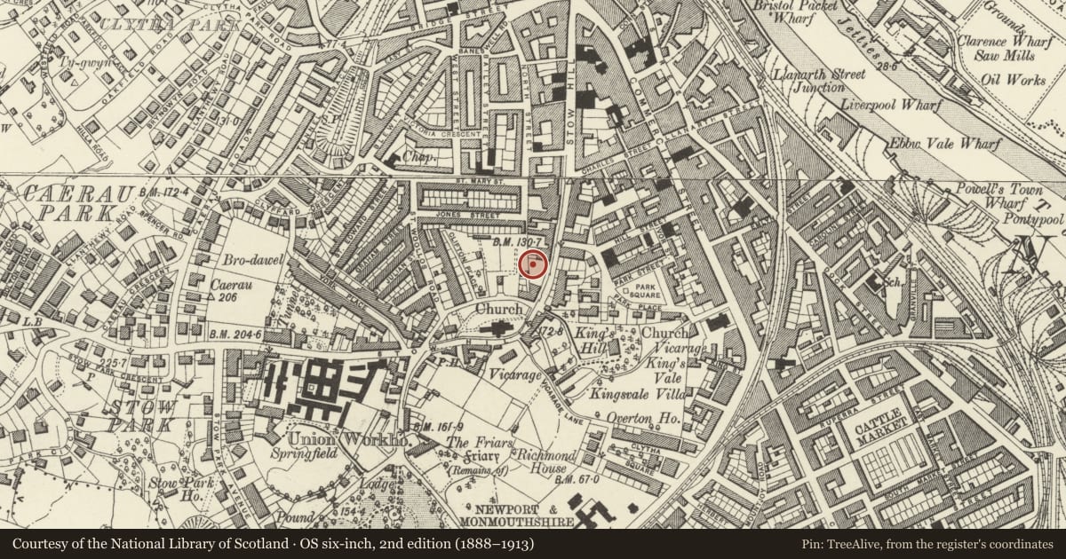Ordnance Survey six-inch map, 2nd edition (1888–1913) covering the location of Victoria Almshouses, Stow Hill, Newport, with a pin at the register's coordinates