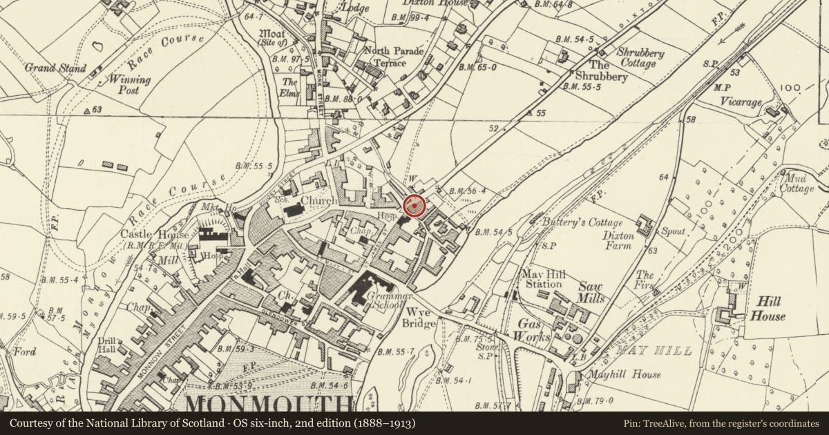 Ordnance Survey six-inch map, 2nd edition (1888–1913) covering the location of 1 Old Dixton Road, Monmouth, Monmouthshire, with a pin at the register's coordinates
