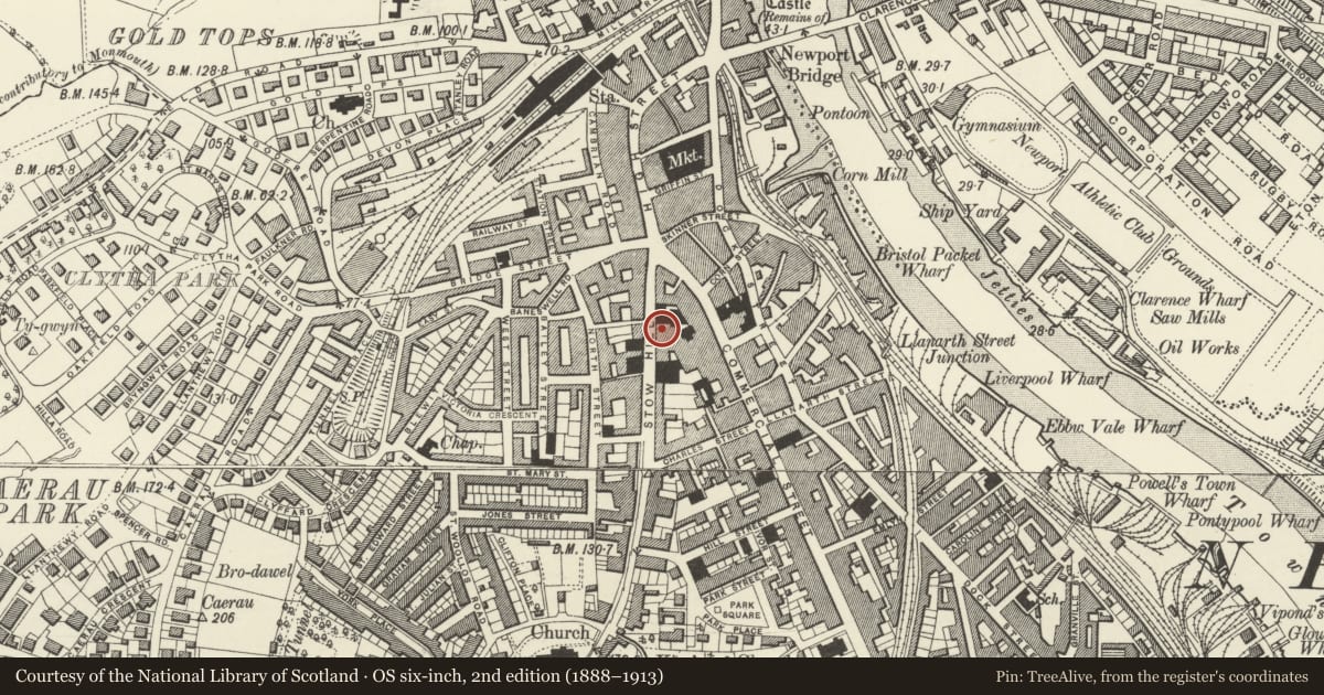 Ordnance Survey six-inch map, 2nd edition (1888–1913) covering the location of Presbytery at Catholic Church of St Mary, Stow Hill, Newport, with a pin at the register's coordinates