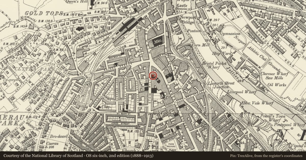 Ordnance Survey six-inch map, 2nd edition (1888–1913) covering the location of St Mary's Catholic Infant School (St Mary's Institute), Stow Hill, Newport, with a pin at the register's coordinates