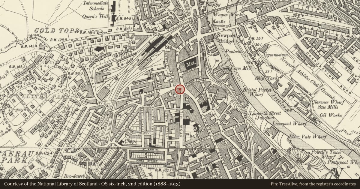 Ordnance Survey six-inch map, 2nd edition (1888–1913) covering the location of HSBC (formerly Midland Bank), Stow Hill, Newport, with a pin at the register's coordinates