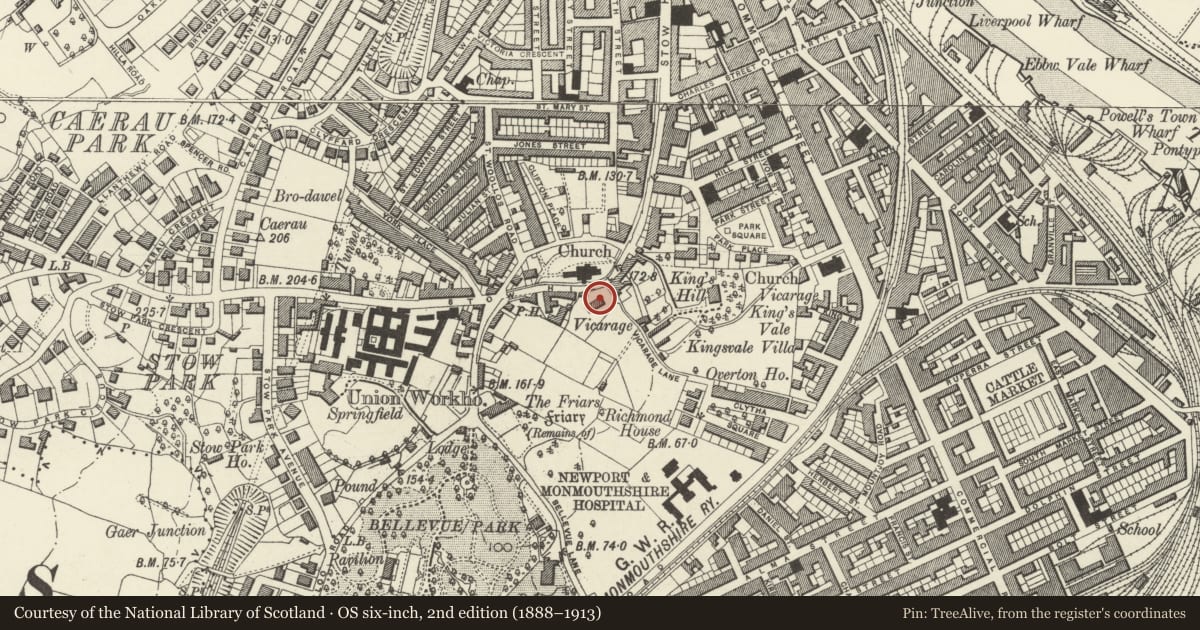 Ordnance Survey six-inch map, 2nd edition (1888–1913) covering the location of Deanery, Stow Hill, Newport, with a pin at the register's coordinates