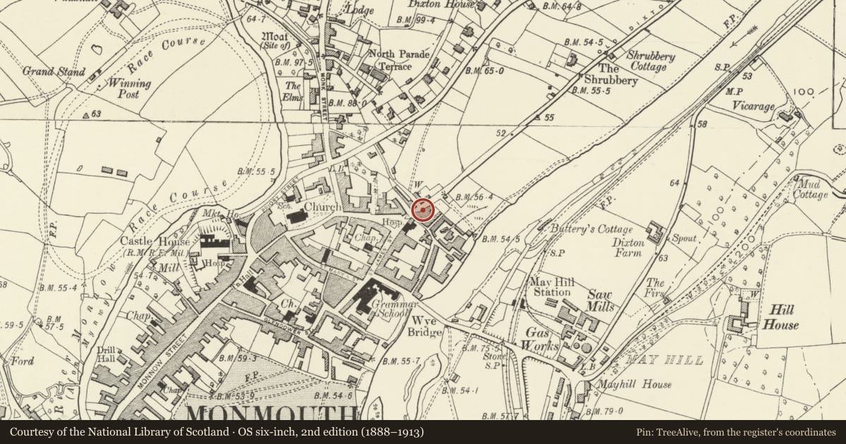 Ordnance Survey six-inch map, 2nd edition (1888–1913) covering the location of 3 Old Dixton Road, Monmouth, Monmouthshire, with a pin at the register's coordinates