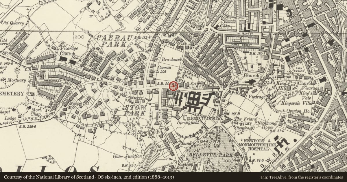 Ordnance Survey six-inch map, 2nd edition (1888–1913) covering the location of Stow Hill Railway Tunnel, Newport, with a pin at the register's coordinates