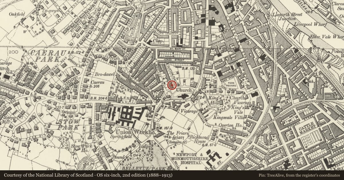 Ordnance Survey six-inch map, 2nd edition (1888–1913) covering the location of 2 Clifton Place, Stow Hill, Newport, with a pin at the register's coordinates