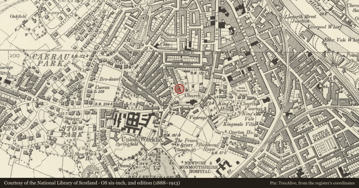 Ordnance Survey six-inch map, 2nd edition (1888–1913) covering the location of 3 Clifton Place, Stow Hill, Newport, with a pin at the register's coordinates
