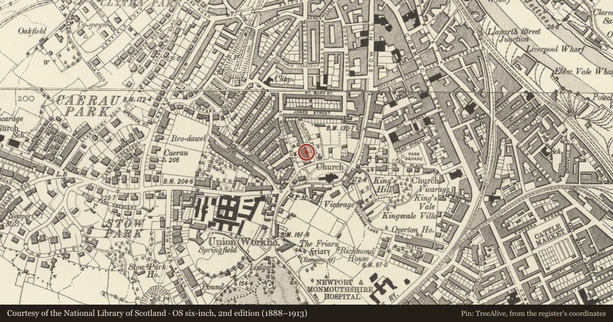 Ordnance Survey six-inch map, 2nd edition (1888–1913) covering the location of 4 Clifton Place, Stow Hill, Newport, with a pin at the register's coordinates