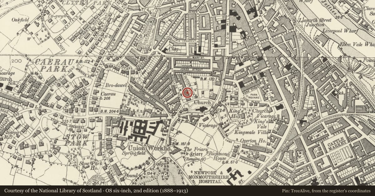 Ordnance Survey six-inch map, 2nd edition (1888–1913) covering the location of 5 Clifton Place, Stow Hill, Newport, with a pin at the register's coordinates
