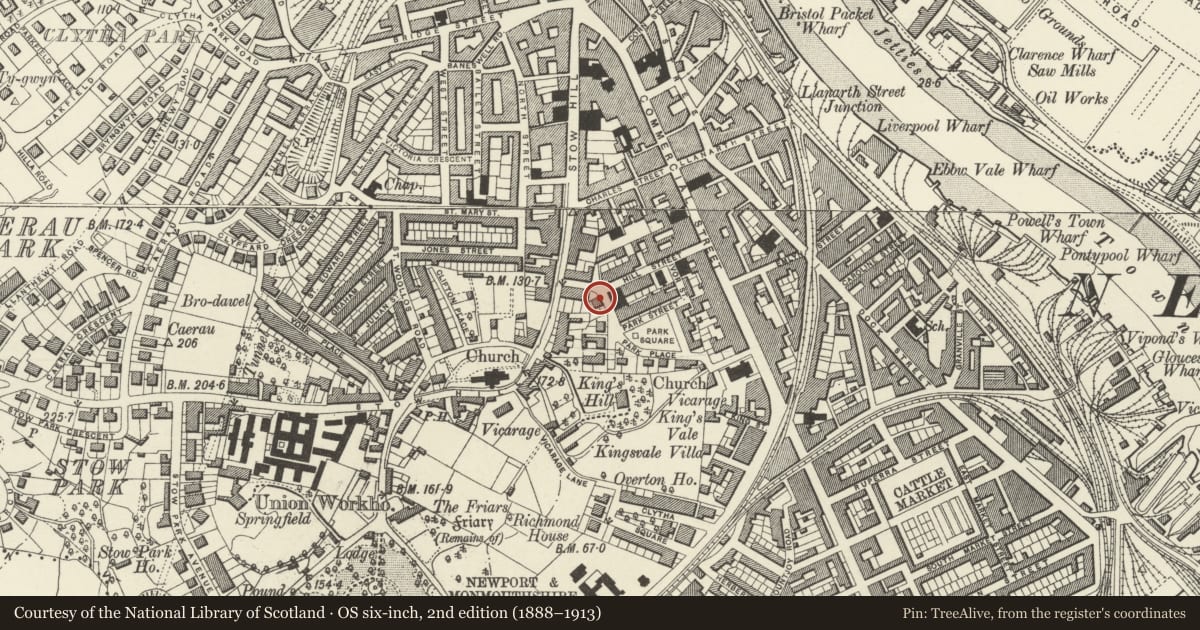Ordnance Survey six-inch map, 2nd edition (1888–1913) covering the location of 14 Victoria Place, including attached railings, Stow Hill, Newport, with a pin at the register's coordinates