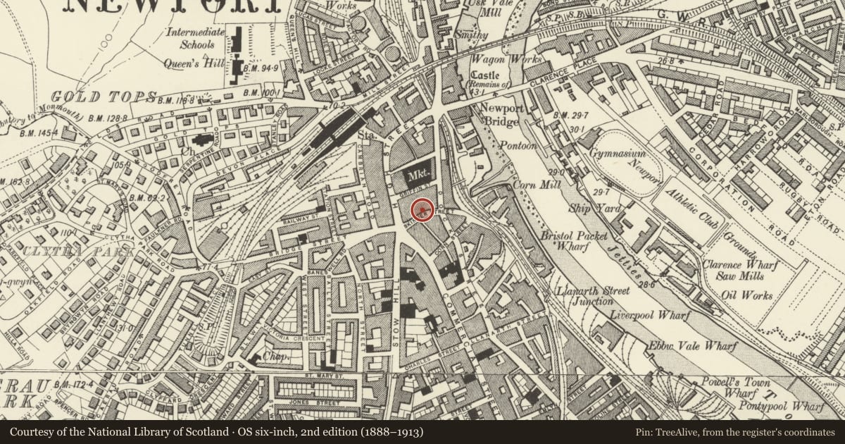 Ordnance Survey six-inch map, 2nd edition (1888–1913) covering the location of Highbury Chambers, Stow Hill, Newport, with a pin at the register's coordinates