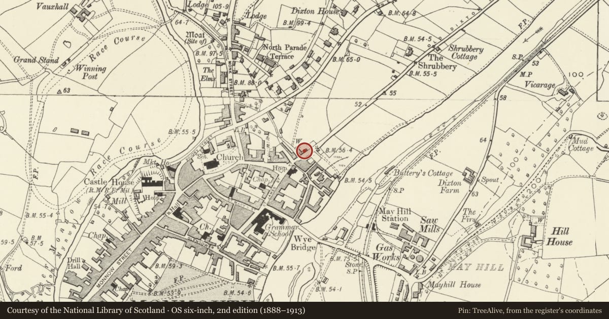 Ordnance Survey six-inch map, 2nd edition (1888–1913) covering the location of Old Toll House (Dixton Gate Turnpike), Monmouth, Monmouthshire, with a pin at the register's coordinates
