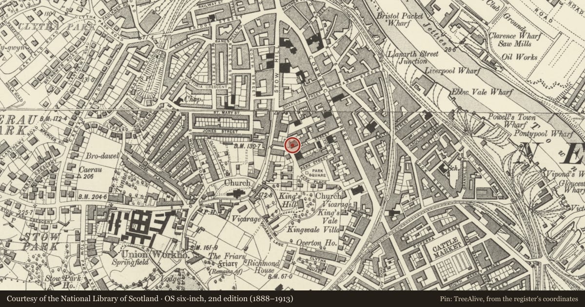 Ordnance Survey six-inch map, 2nd edition (1888–1913) covering the location of 13 Hill Street, Stow Hill, Newport, with a pin at the register's coordinates