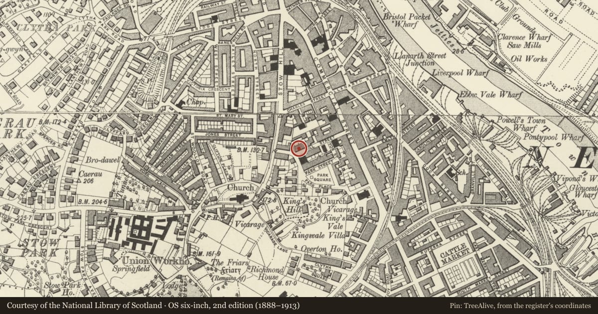 Ordnance Survey six-inch map, 2nd edition (1888–1913) covering the location of 14 Hill Street, Stow Hill, Newport, with a pin at the register's coordinates