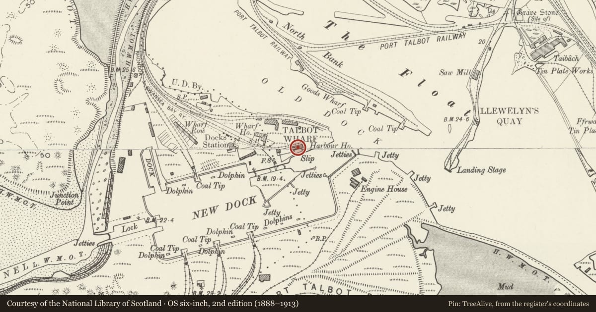 Ordnance Survey six-inch map, 2nd edition (1888–1913) covering the location of Former Harbour House, Margam Moors, Neath Port Talbot, with a pin at the register's coordinates