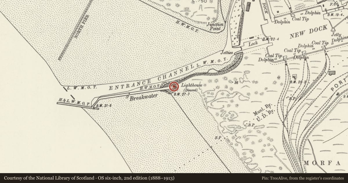 Ordnance Survey six-inch map, 2nd edition (1888–1913) covering the location of Harbour Watch-Tower, Margam Moors, Neath Port Talbot, with a pin at the register's coordinates
