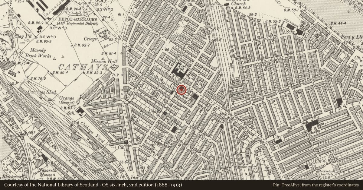 Ordnance Survey six-inch map, 2nd edition (1888–1913) covering the location of Cathays Methodist Church including Sunday School attached to rear, Cardiff, with a pin at the register's coordinates