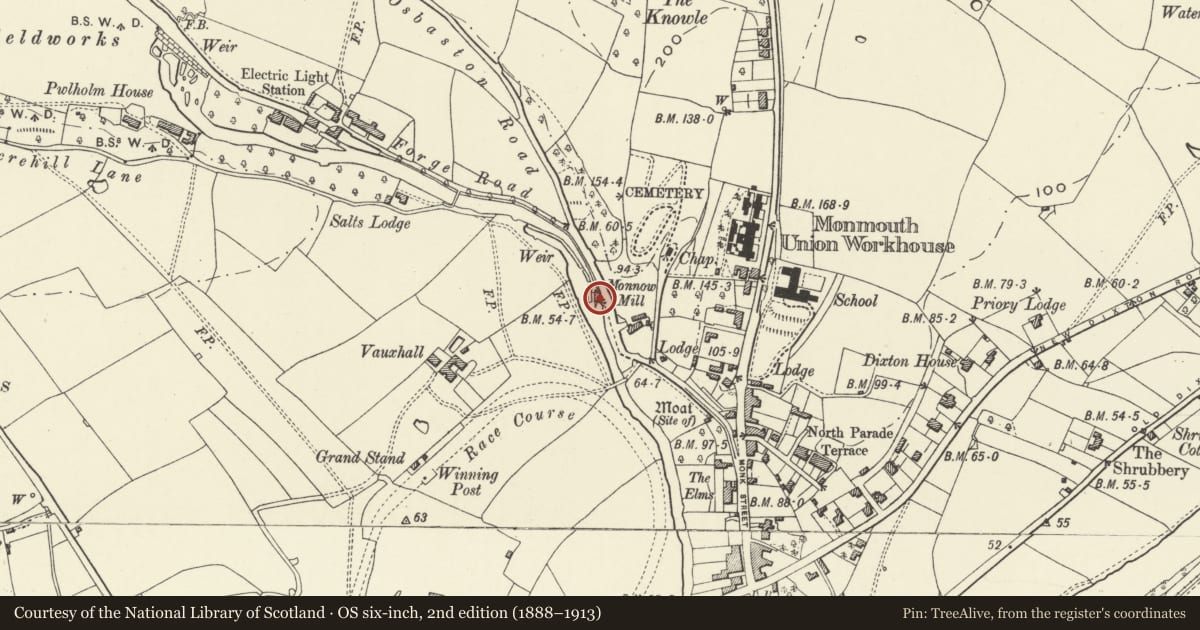 Ordnance Survey six-inch map, 2nd edition (1888–1913) covering the location of Monnow Mill, Monmouth, Monmouthshire, with a pin at the register's coordinates