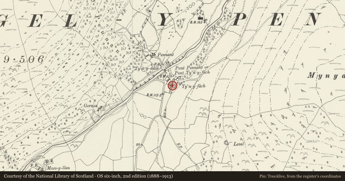 Ordnance Survey six-inch map, 2nd edition (1888–1913) covering the location of SW Farm Building at Ty'n-y-fach, Llanfihangel-y-Pennant, Gwynedd, with a pin at the register's coordinates