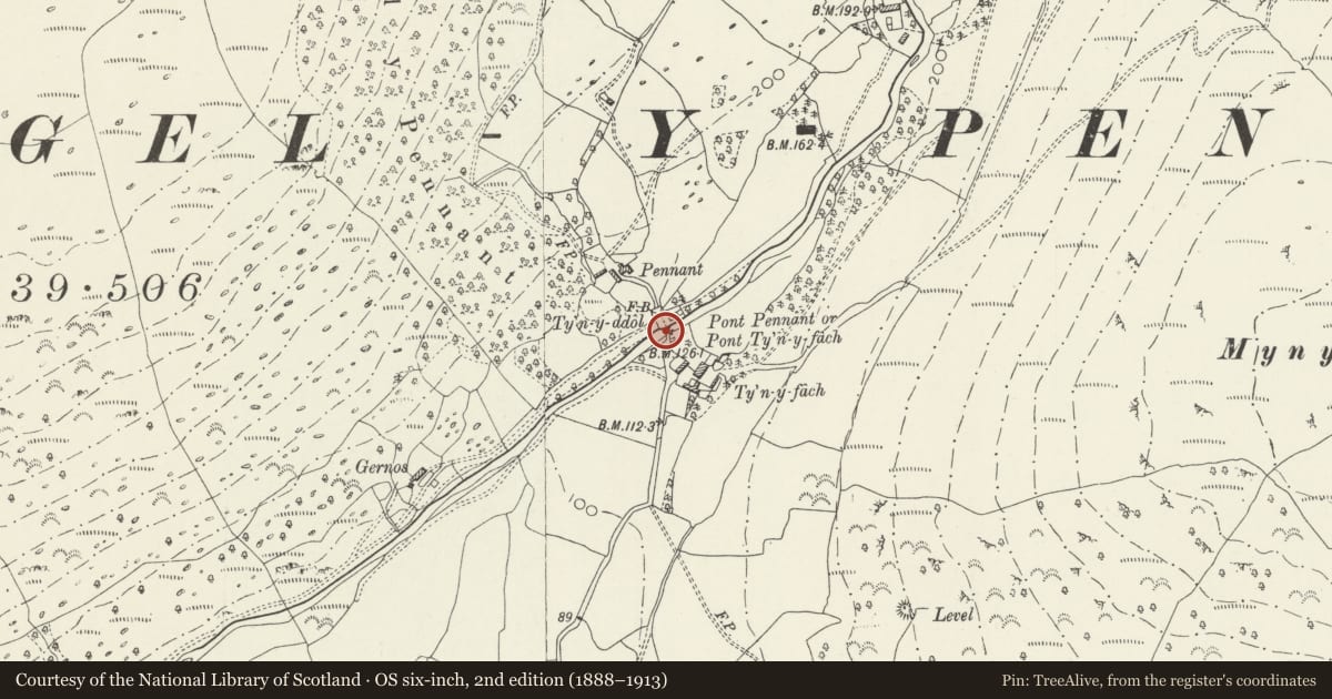 Ordnance Survey six-inch map, 2nd edition (1888–1913) covering the location of Pont Pennant, or Pont Ty'n-y-fach, Llanfihangel-y-Pennant, Gwynedd, with a pin at the register's coordinates