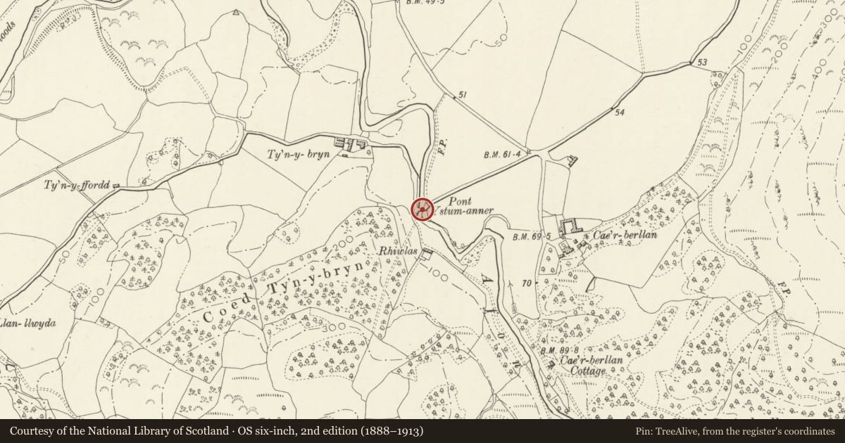 Ordnance Survey six-inch map, 2nd edition (1888–1913) covering the location of Pont Ystumanner, Llanfihangel-y-Pennant, Gwynedd, with a pin at the register's coordinates