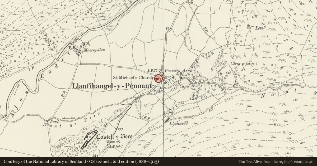 Ordnance Survey six-inch map, 2nd edition (1888–1913) covering the location of Graveyard monument at the Church of St Michael, Llanfihangel-y-Pennant, Gwynedd, with a pin at the register's coordinates