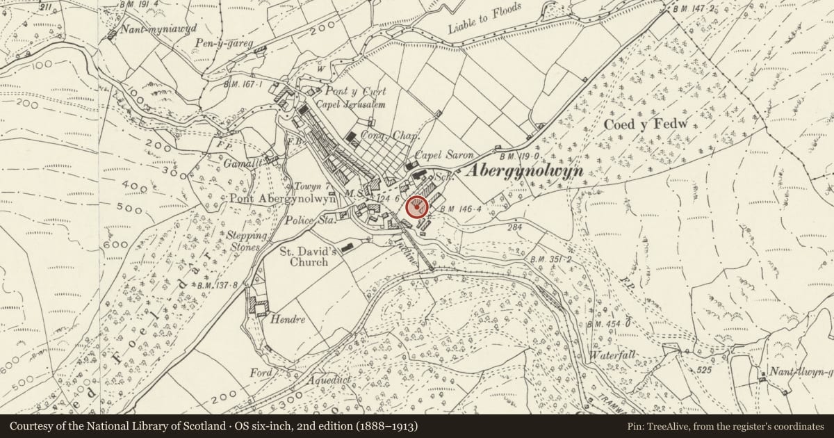 Ordnance Survey six-inch map, 2nd edition (1888–1913) covering the location of Dolawel, Llanfihangel-y-Pennant, Gwynedd, with a pin at the register's coordinates