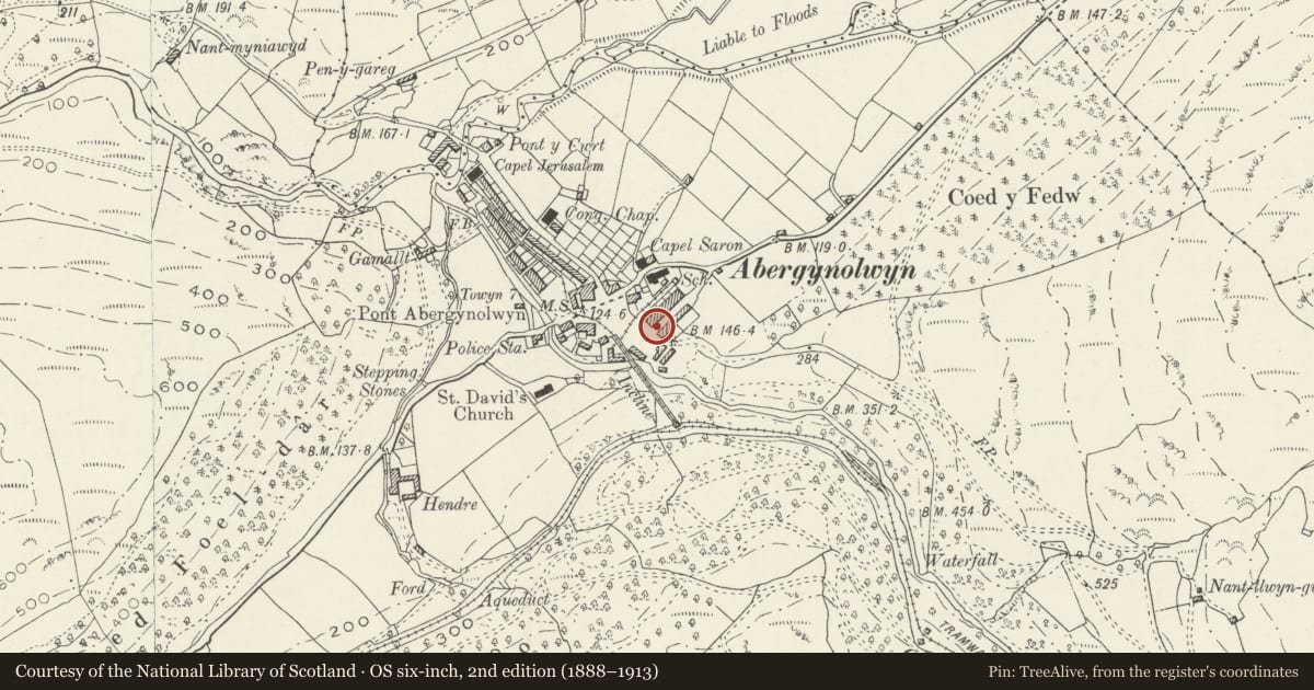 Ordnance Survey six-inch map, 2nd edition (1888–1913) covering the location of 2 Heol Tan-y-bryn, Llanfihangel-y-Pennant, Gwynedd, with a pin at the register's coordinates