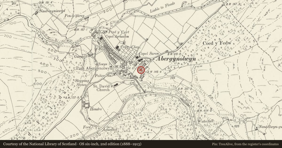 Ordnance Survey six-inch map, 2nd edition (1888–1913) covering the location of 3 Heol Tan-y-bryn, Llanfihangel-y-Pennant, Gwynedd, with a pin at the register's coordinates