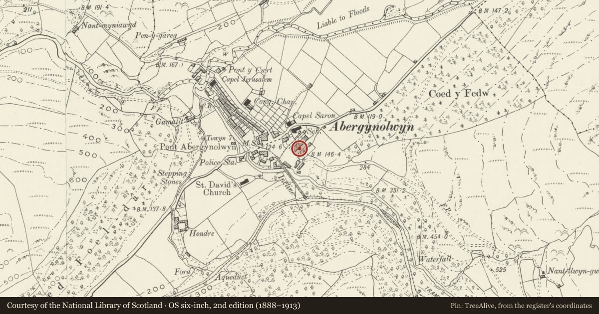 Ordnance Survey six-inch map, 2nd edition (1888–1913) covering the location of 5 Heol Tan-y-bryn, Llanfihangel-y-Pennant, Gwynedd, with a pin at the register's coordinates