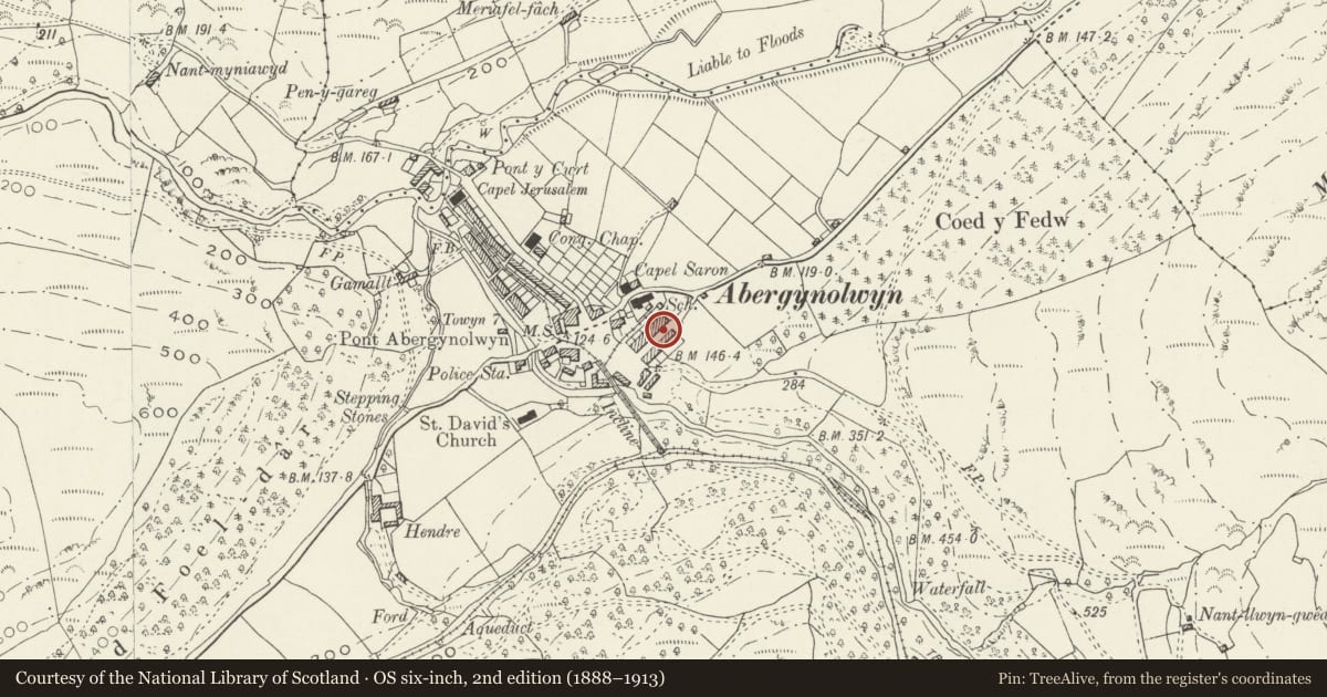 Ordnance Survey six-inch map, 2nd edition (1888–1913) covering the location of 10 Heol Tan-y-bryn, Llanfihangel-y-Pennant, Gwynedd, with a pin at the register's coordinates