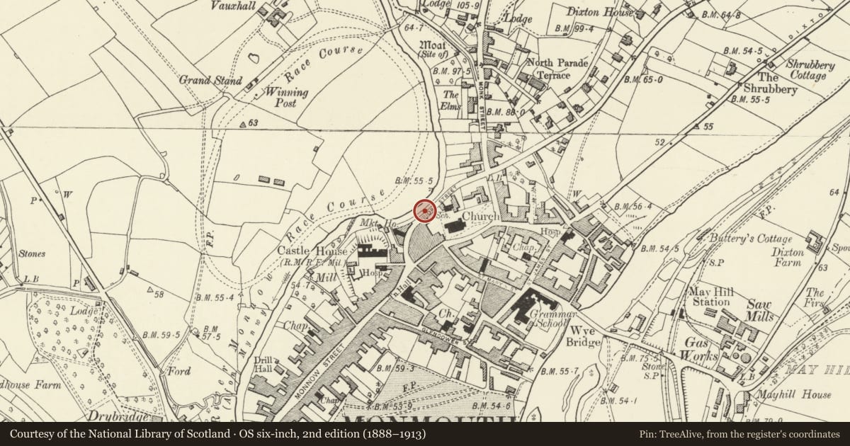 Ordnance Survey six-inch map, 2nd edition (1888–1913) covering the location of Shambles, Monmouth, Monmouthshire, with a pin at the register's coordinates