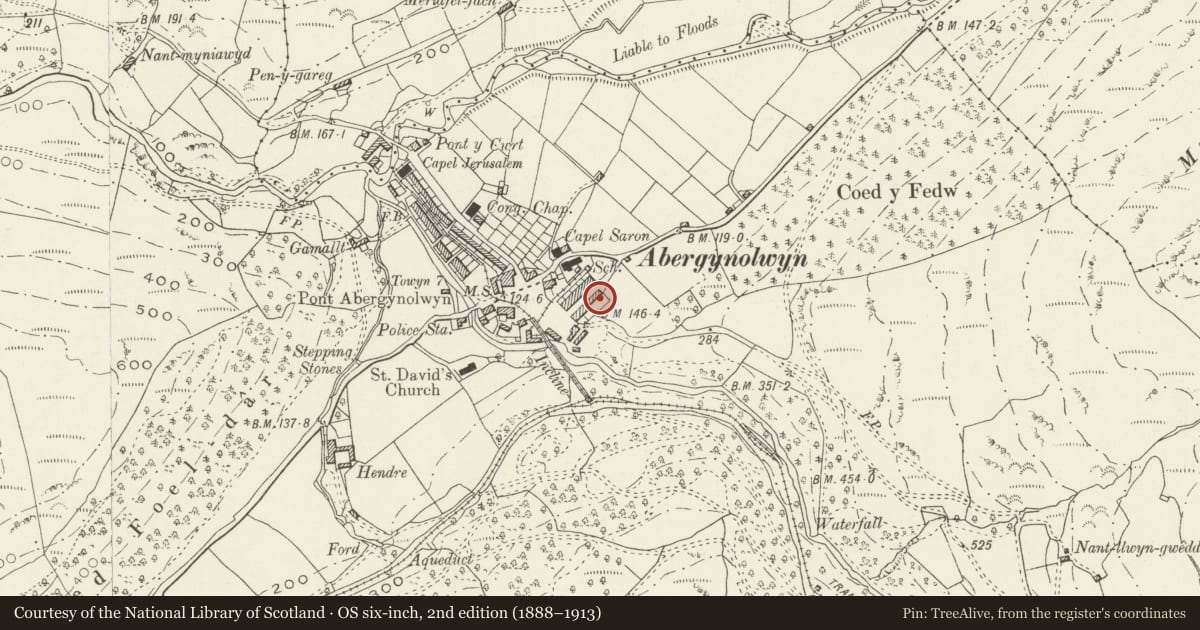Ordnance Survey six-inch map, 2nd edition (1888–1913) covering the location of Ybythyn, Llanfihangel-y-Pennant, Gwynedd, with a pin at the register's coordinates