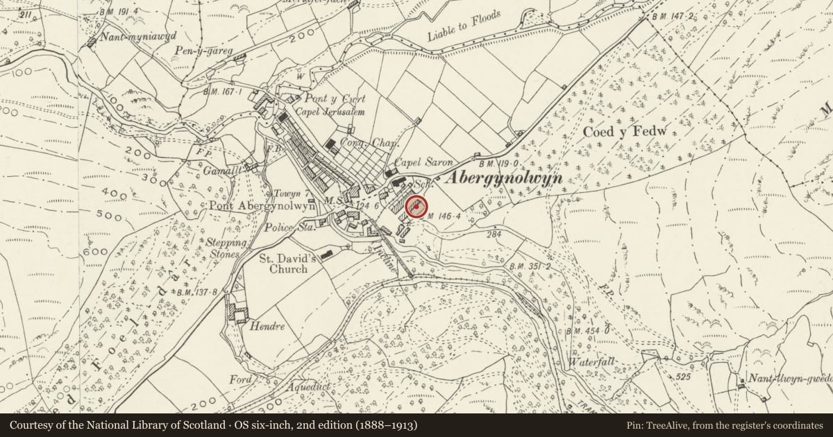 Ordnance Survey six-inch map, 2nd edition (1888–1913) covering the location of Floreat, Llanfihangel-y-Pennant, Gwynedd, with a pin at the register's coordinates