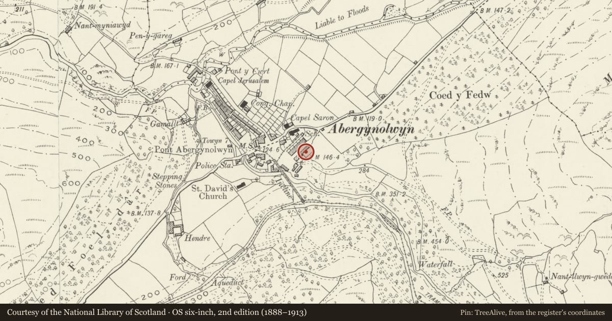 Ordnance Survey six-inch map, 2nd edition (1888–1913) covering the location of Glasfryn, Llanfihangel-y-Pennant, Gwynedd, with a pin at the register's coordinates