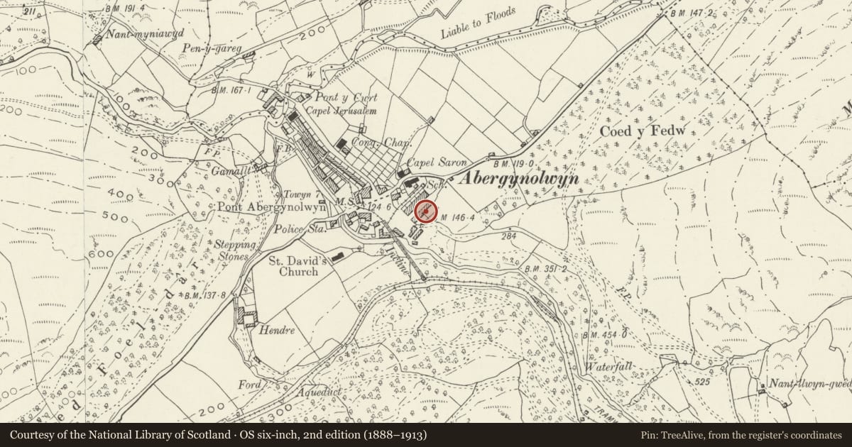 Ordnance Survey six-inch map, 2nd edition (1888–1913) covering the location of 5A Heol Tan-y-bryn, Llanfihangel-y-Pennant, Gwynedd, with a pin at the register's coordinates