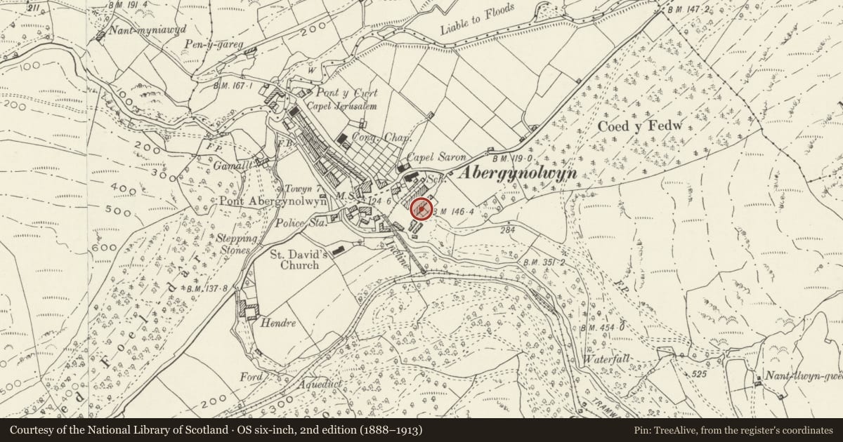 Ordnance Survey six-inch map, 2nd edition (1888–1913) covering the location of 7A Heol Tan-y-bryn, including railings to front, Llanfihangel-y-Pennant, Gwynedd, with a pin at the register's coordinates