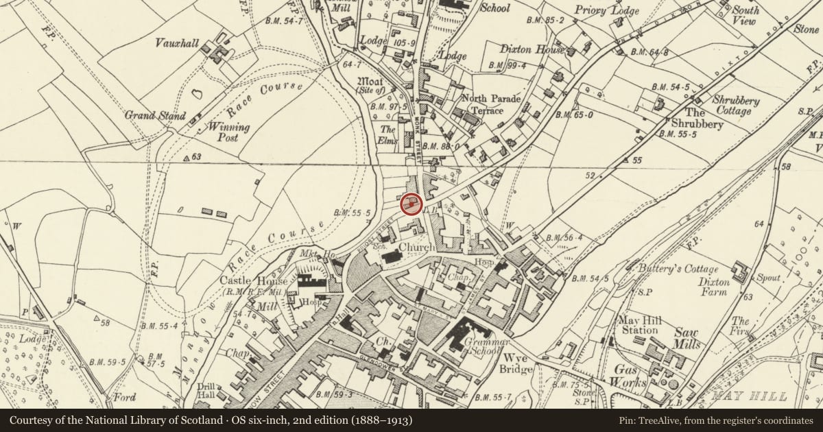 Ordnance Survey six-inch map, 2nd edition (1888–1913) covering the location of Victoria Place, Monmouth, Monmouthshire, with a pin at the register's coordinates