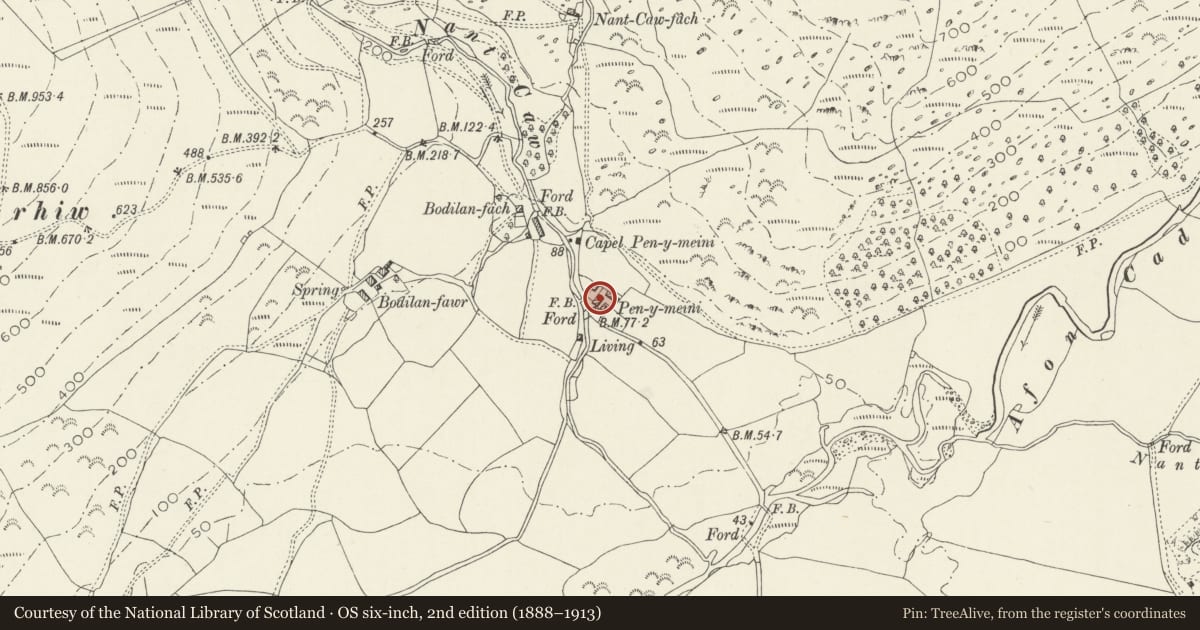 Ordnance Survey six-inch map, 2nd edition (1888–1913) covering the location of Barn and cowhouse at Pen-y-meini, Llanfihangel-y-Pennant, Gwynedd, with a pin at the register's coordinates
