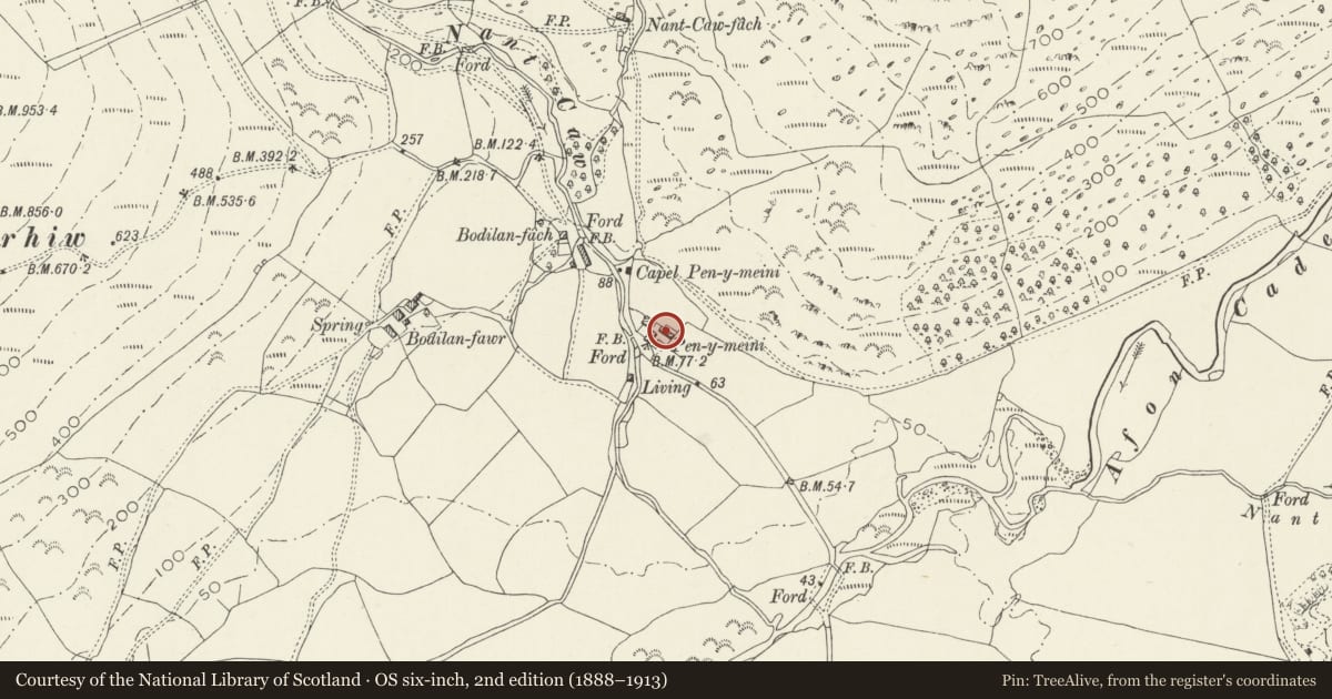 Ordnance Survey six-inch map, 2nd edition (1888–1913) covering the location of Farm building at Pen-y-Meini, Llanfihangel-y-Pennant, Gwynedd, with a pin at the register's coordinates