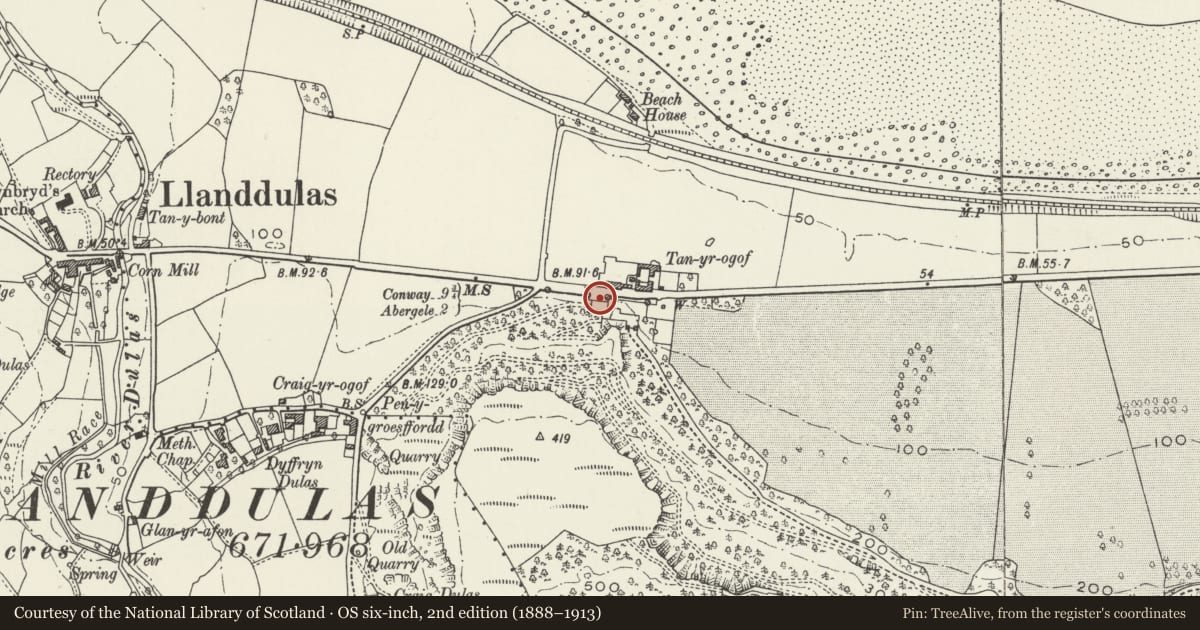 Ordnance Survey six-inch map, 2nd edition (1888–1913) covering the location of Tan-yr-Ogof Lodge including adjoining walls and towers to S, E and W, Llanddulas and Rhyd-y-Foel, Conwy, with a pin at the register's coordinates