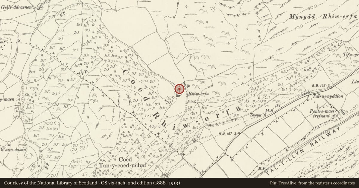 Ordnance Survey six-inch map, 2nd edition (1888–1913) covering the location of Barn at Rhiwerfa, Llanfihangel-y-Pennant, Gwynedd, with a pin at the register's coordinates