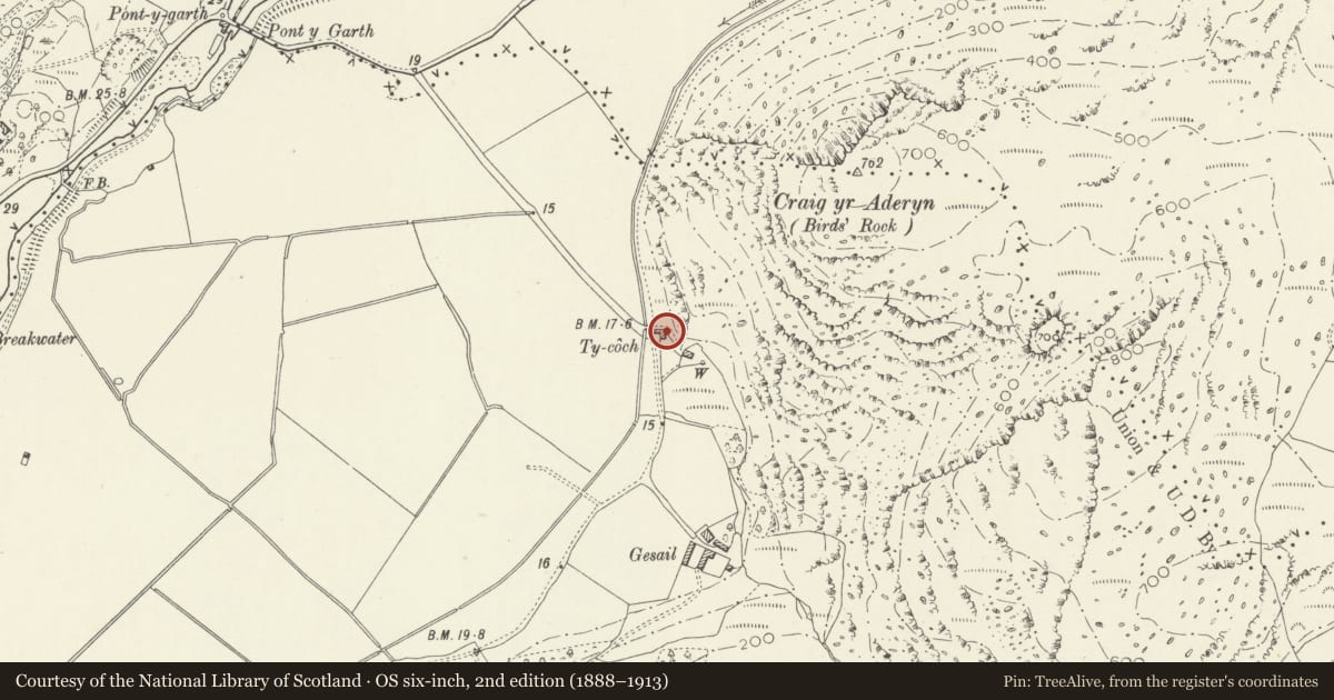 Ordnance Survey six-inch map, 2nd edition (1888–1913) covering the location of Farm building and hay-barn at Ty-coch, Llanfihangel-y-Pennant, Gwynedd, with a pin at the register's coordinates