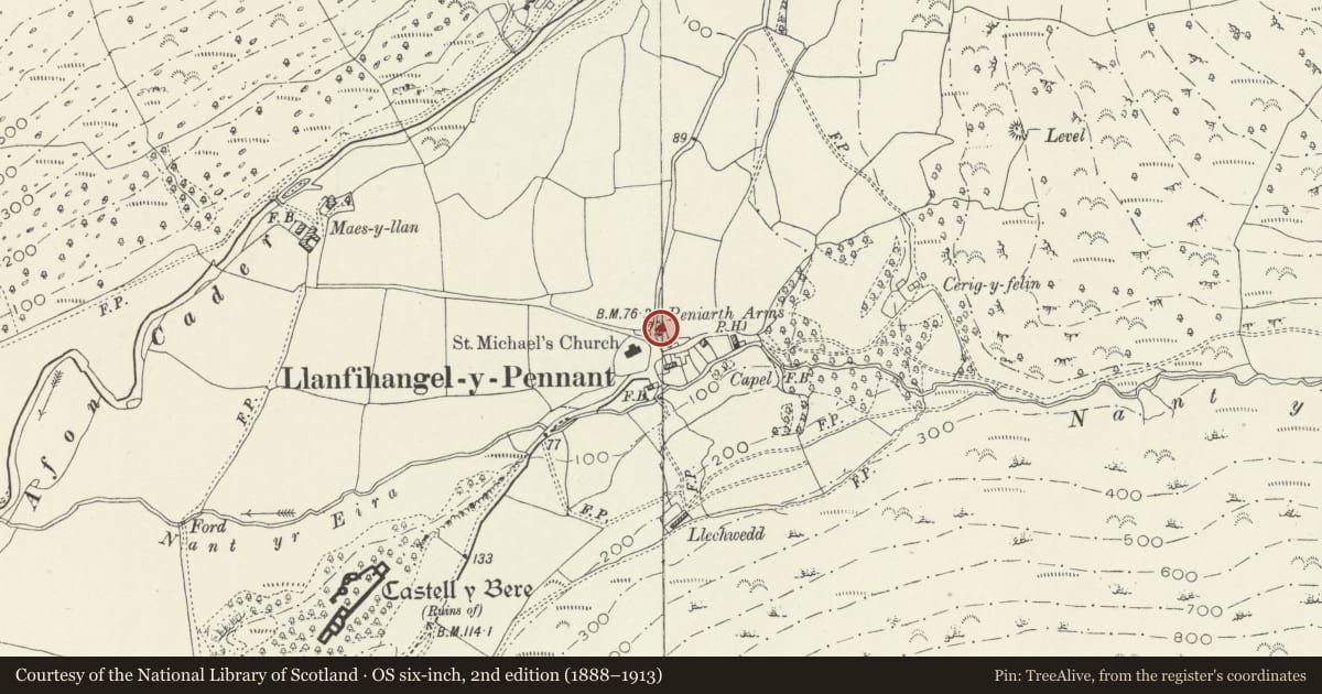 Ordnance Survey six-inch map, 2nd edition (1888–1913) covering the location of Cottage E of the Church of St Michael, Llanfihangel-y-Pennant, Gwynedd, with a pin at the register's coordinates
