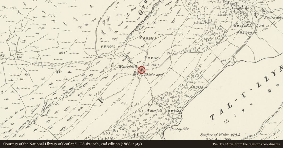 Ordnance Survey six-inch map, 2nd edition (1888–1913) covering the location of Beudy at Rhiwogof, Llanfihangel-y-Pennant, Gwynedd, with a pin at the register's coordinates