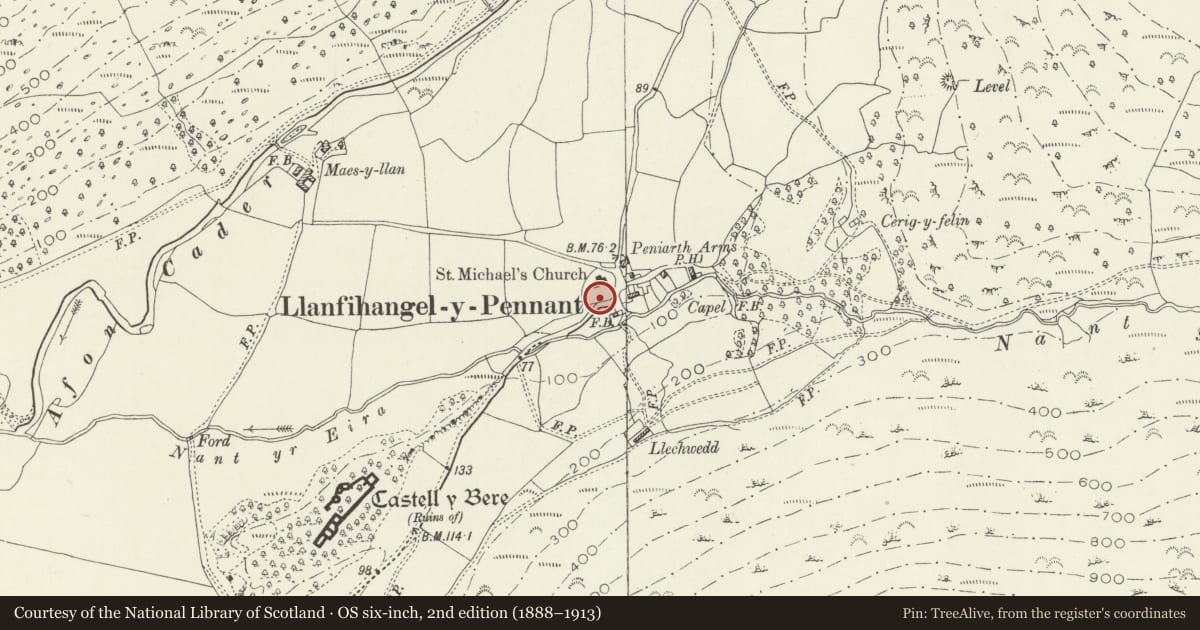 Ordnance Survey six-inch map, 2nd edition (1888–1913) covering the location of Churchyard wall at the Church of St Michael, Llanfihangel-y-Pennant, Gwynedd, with a pin at the register's coordinates