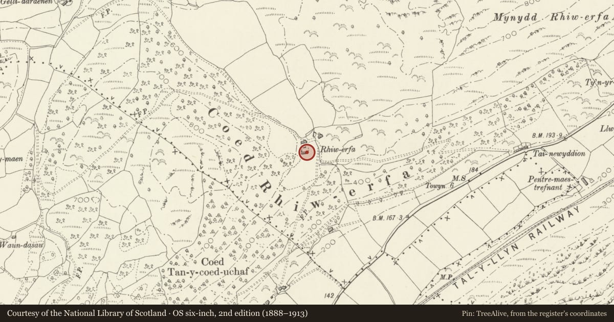 Ordnance Survey six-inch map, 2nd edition (1888–1913) covering the location of Carthouse and granary at Rhiwerfa, Llanfihangel-y-Pennant, Gwynedd, with a pin at the register's coordinates