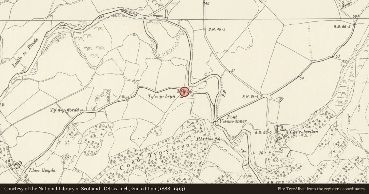 Ordnance Survey six-inch map, 2nd edition (1888–1913) covering the location of Farm building at Ty'n-y-bryn, Llanfihangel-y-Pennant, Gwynedd, with a pin at the register's coordinates