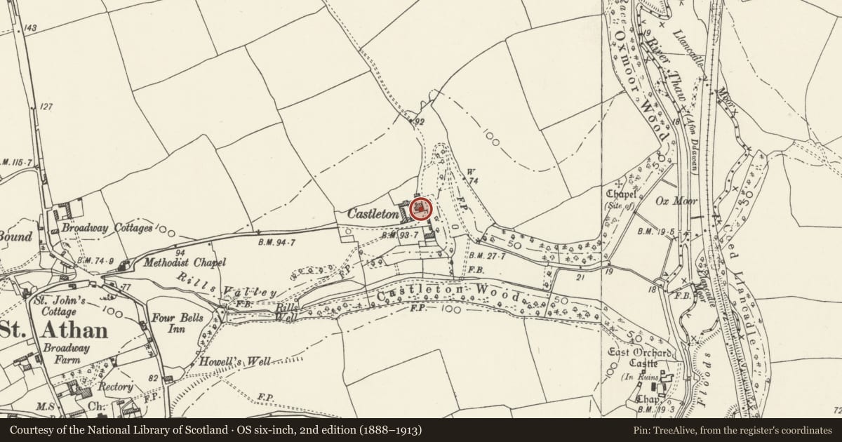Ordnance Survey six-inch map, 2nd edition (1888–1913) covering the location of Former Barn at Castleton Farm, St. Athan, Vale of Glamorgan, with a pin at the register's coordinates