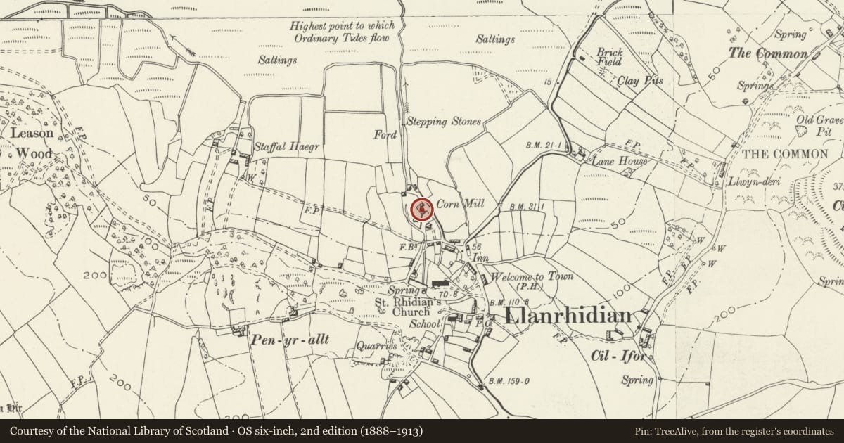 Ordnance Survey six-inch map, 2nd edition (1888–1913) covering the location of Llanrhidian Lower Mill, Swansea, with a pin at the register's coordinates