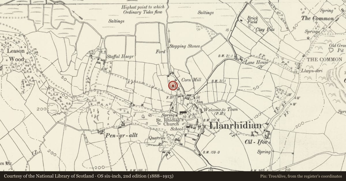 Ordnance Survey six-inch map, 2nd edition (1888–1913) covering the location of Miller's House, Llanrhidian Lower Mill, Swansea, with a pin at the register's coordinates